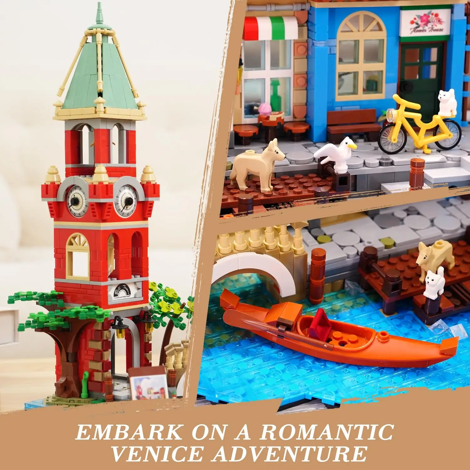 مجموعة بناء الشوارع الرئيسية من فينيسيا للبالغين - منزل ريفرسايد مع متجر زهور LED بيتزا ديكور منزلي من الطوب المعماري