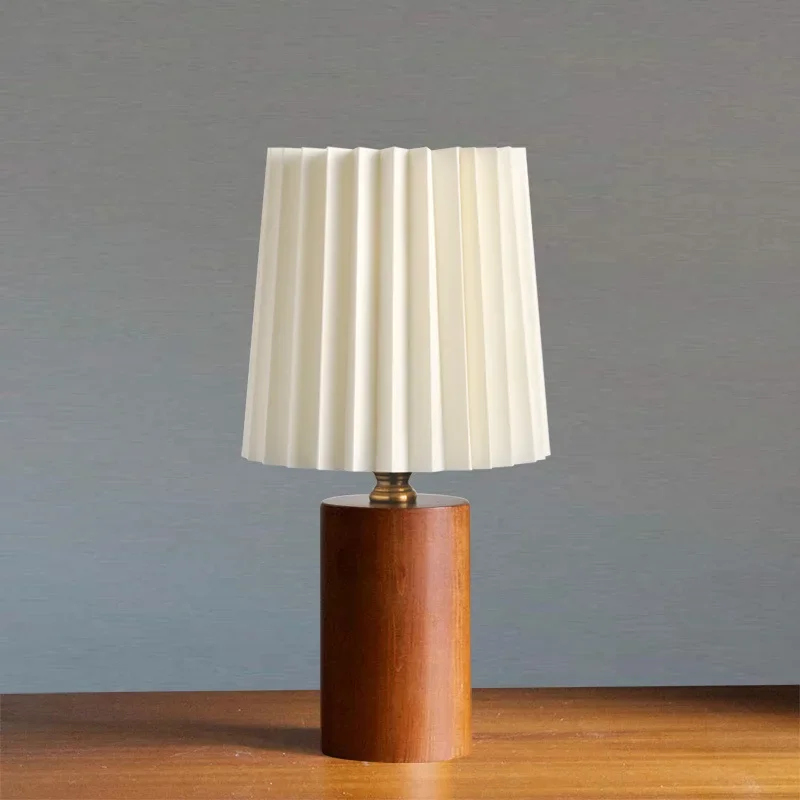 

High Aesthetic Antique Style Small Table Lamp Korean Style Bedroom Bedside Pleated Decoration Solid Wood Atmosphere Table Lamp