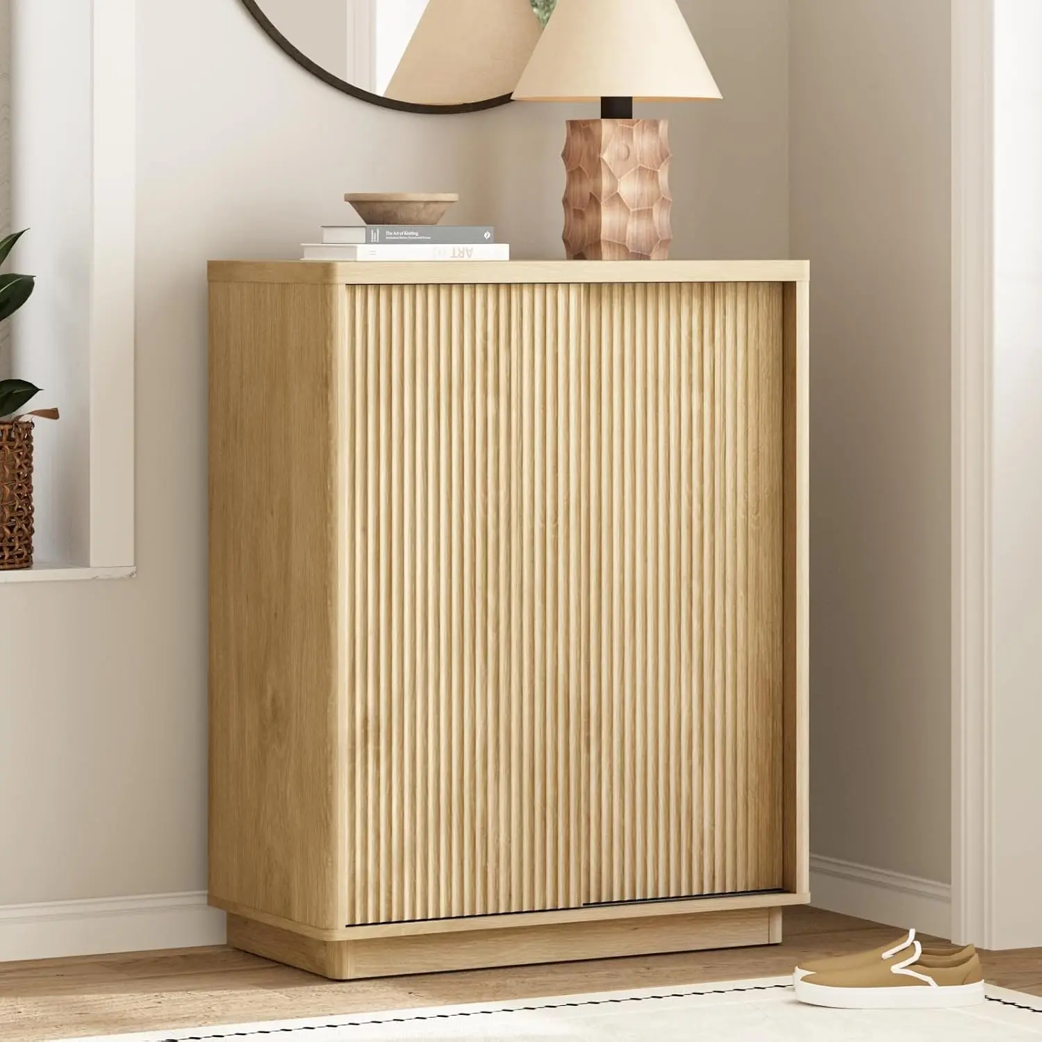 

Fluted Wooden Shoe Cabinet Sliding Door 6-Tier Adjustable Shelves Entryway Storage Oak, Customized