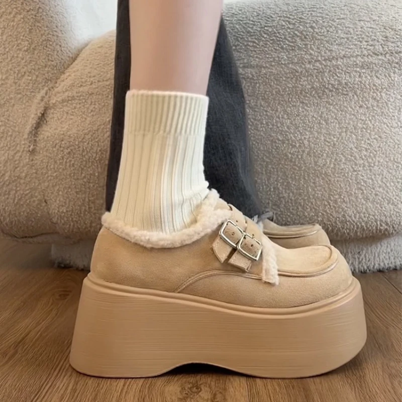 

Винтажные женские туфли Мэри Джейн на платформе, увеличивающие рост, модные туфли без шнуровки, женские модельные теплые хлопковые туфли на толстом каблуке