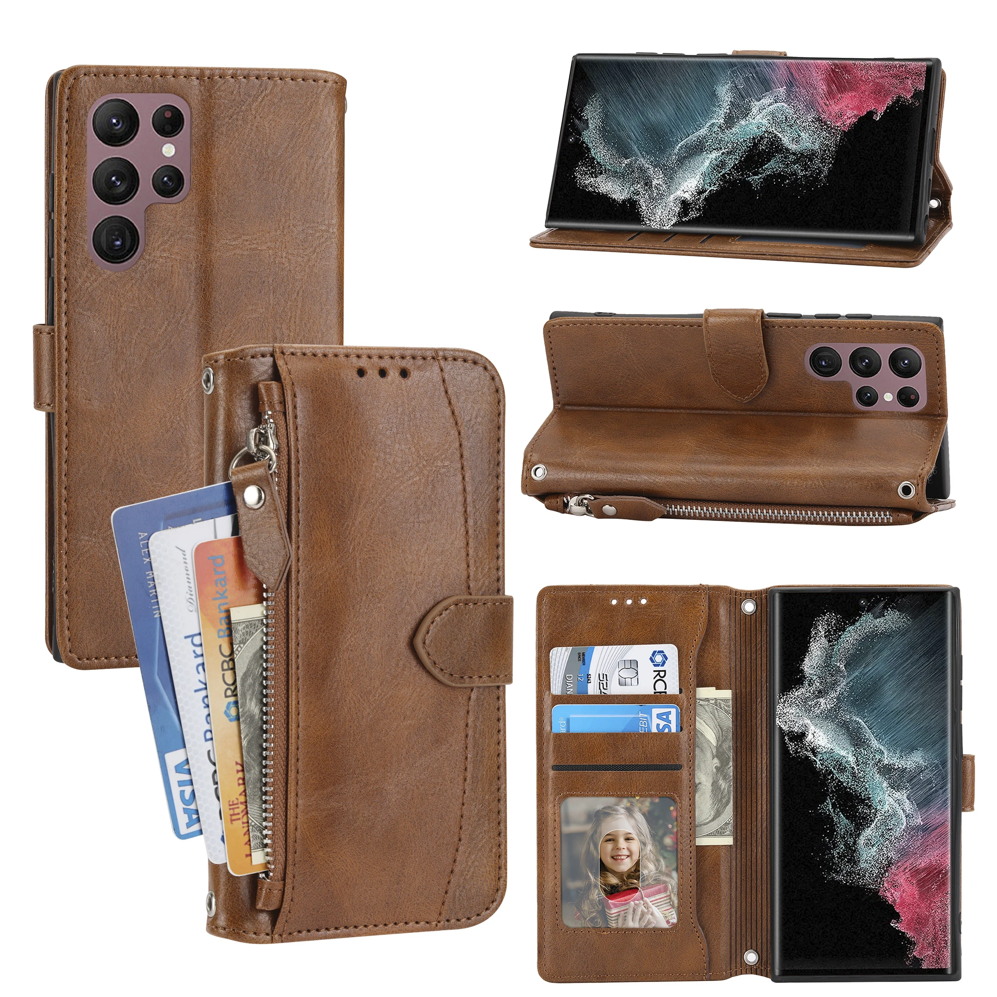 

Shockproof Leather Zipper Card Holder Wallet Case For Samsung Galaxy S25 Ultra S24 S23 S22 S21, Flip Kickstand Phone Cover Funda