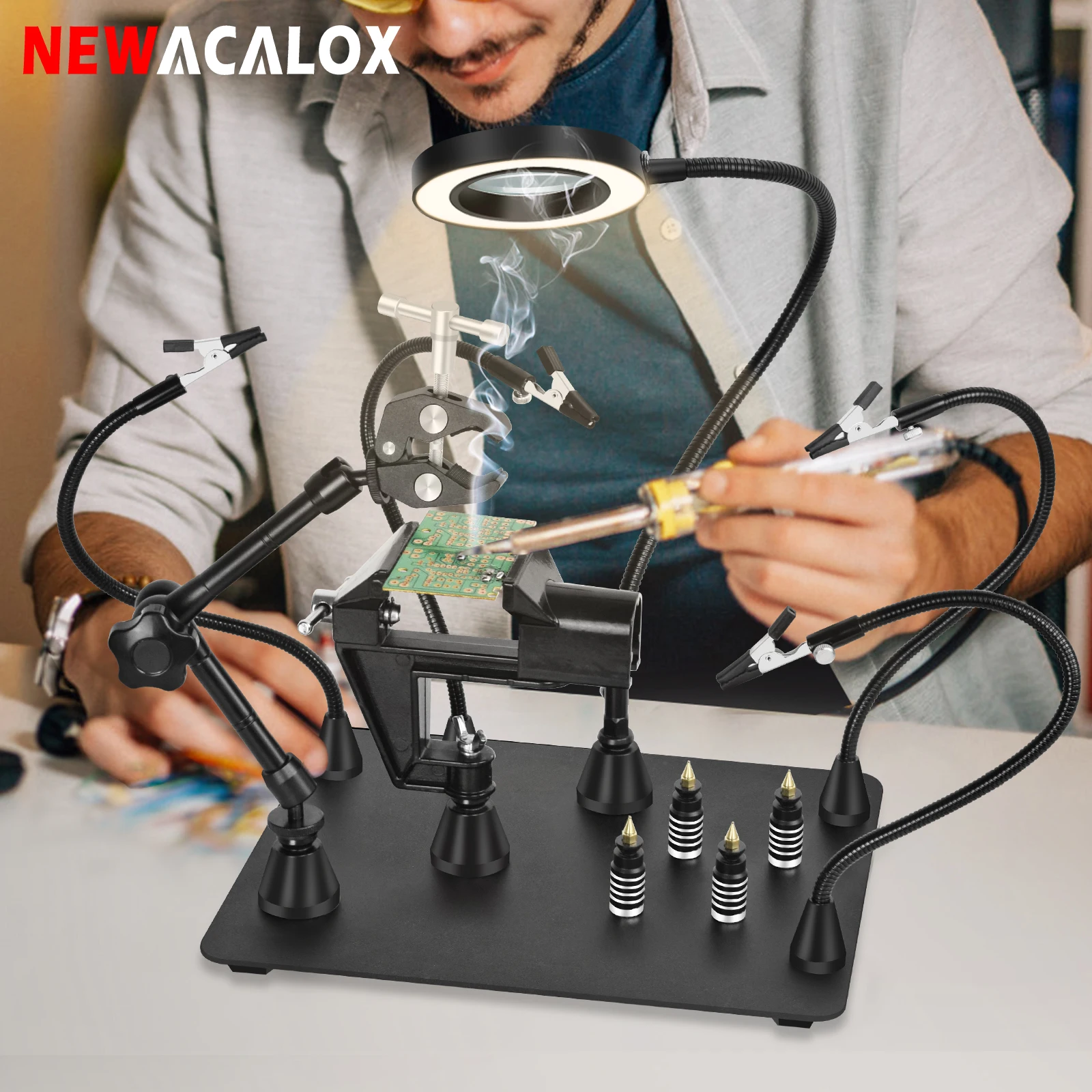 NEWACALOX Magnétique 360 °   Support de Circuit imprimé rotatif, aide à la soudure des mains, cadre de pistolet à Air chaud, lampe loupe de soudage 3X LED