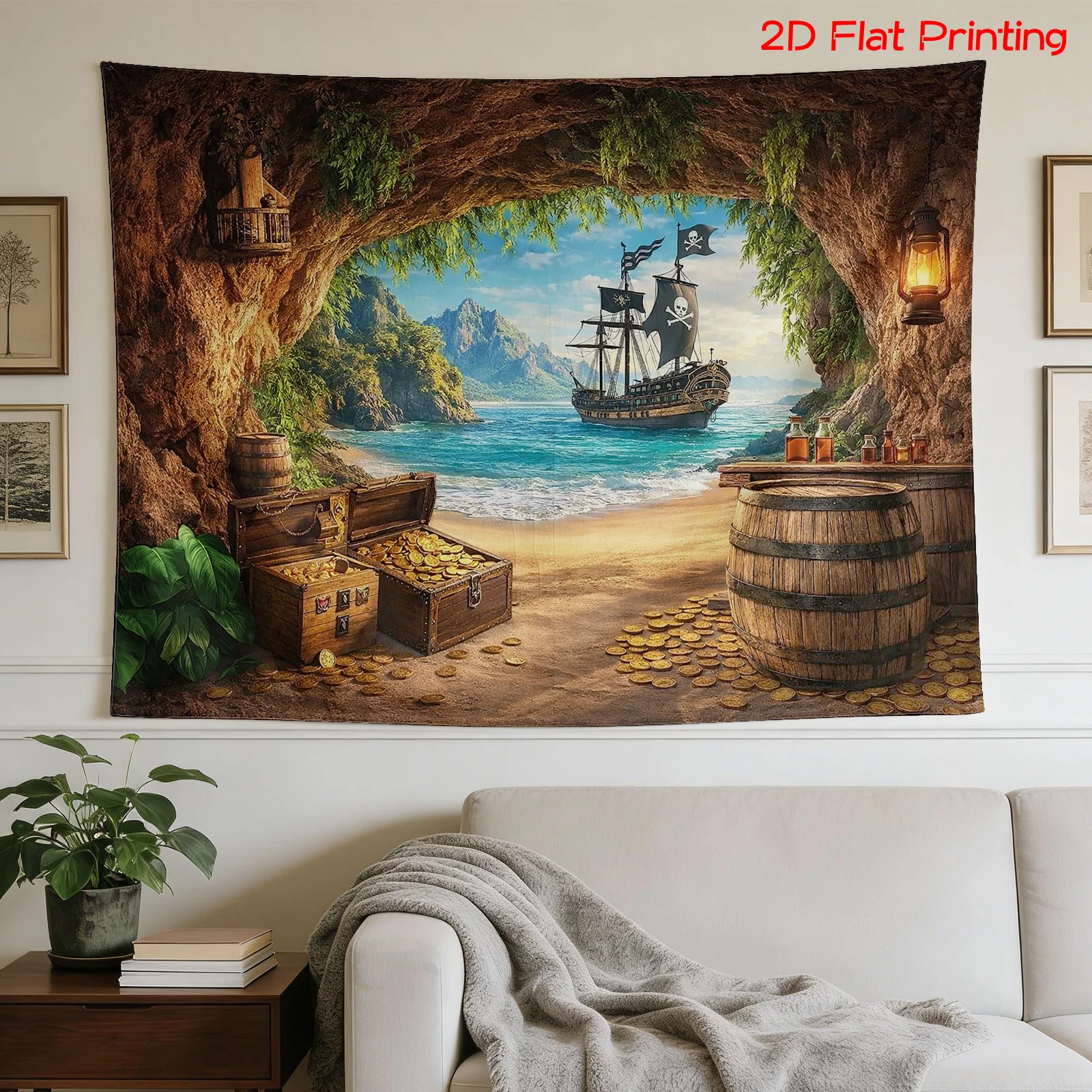 Large Pirate Ship Tropical Beach Tapestry Nautical Wall Hanging Cove Coastal Decor Home Decor Rustic Canvas Art Print