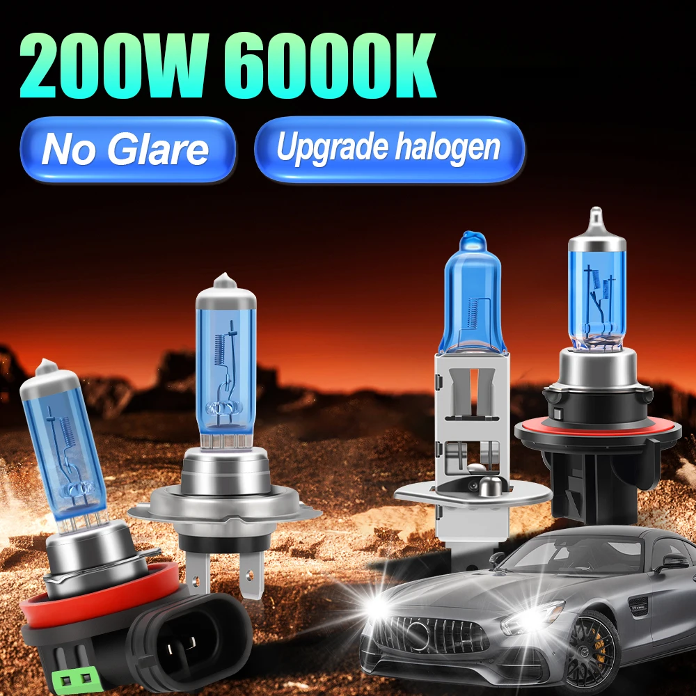 

200W H4 H7 H11 HB3 HB4 Car Halogen Headlight H8 H9 9005 9006 9145 5202 H1 H13 9007 880 9012 6000K Auto Bulb Fog Lamp No Glare