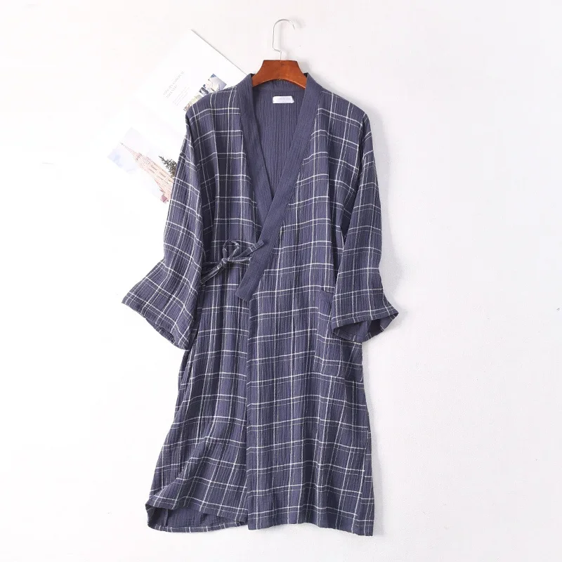 Couples Gauze Kimono Robes Plaid Bathrobe Homewear Long Sleeve Cotton Long Robe Women and Men Sleep Tops Loose Soft Sleepwear