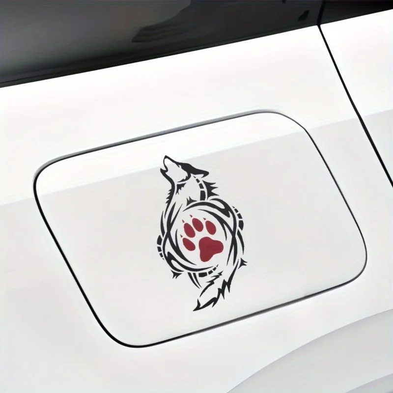 1PC "Wolf Tribal Design Car Sticker, Red Paw Print Decal, Unique Car Accessory for Personalization, Artistic Auto Decor"