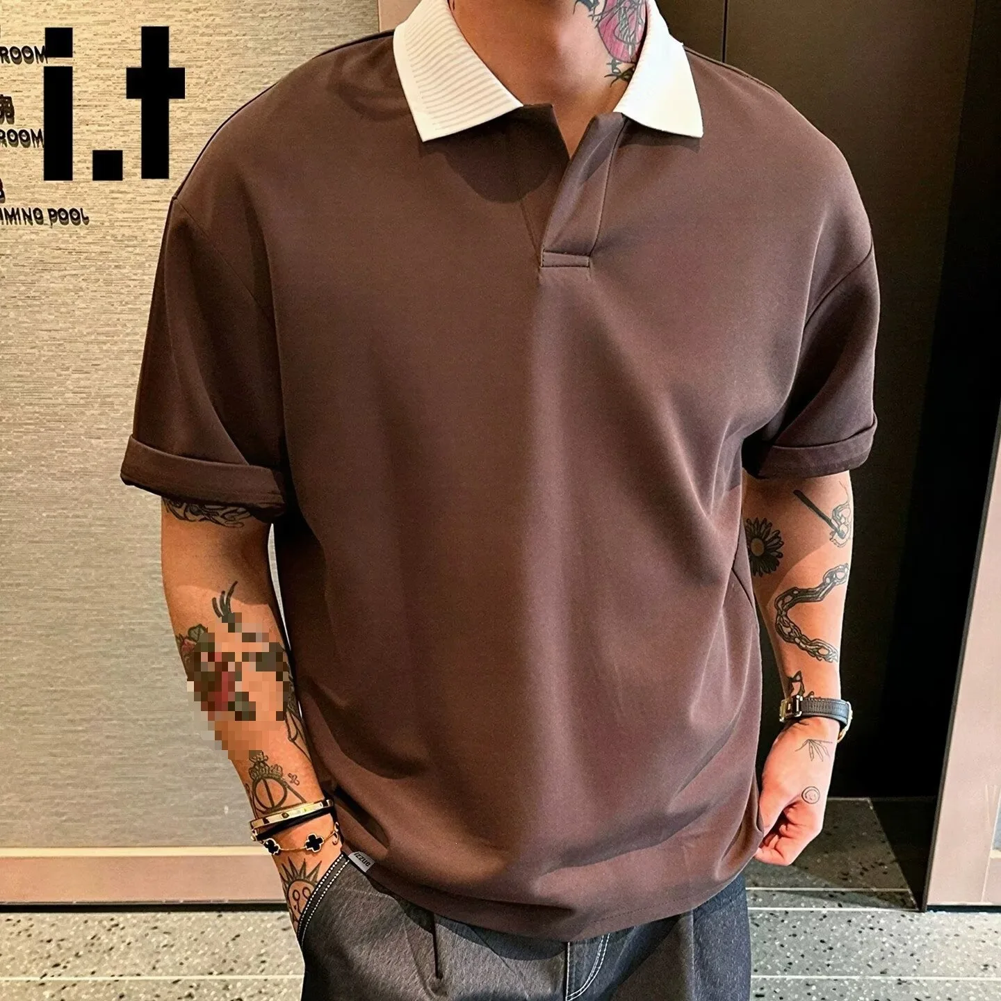Men's Short Sleeve Polo Shirt Casual Patchwork V-neck T-shirt Summer Fashionable Brand Street Style Loose Fit Quick Dry