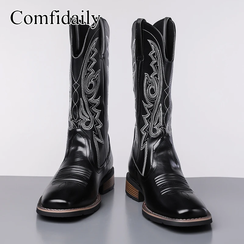 عالية الجودة الأوروبية الأمريكية الرجعية الخريف الشتاء أحذية رعاة البقر الغربية الخامس الرقبة التطريز كعب سميك أحذية فارس المألوف #5