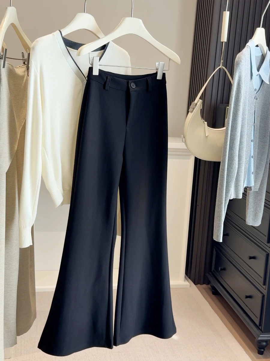 

Женские черные длинные расклешенные брюки Foamlina: Новинка весенней коллекции, модные, с пуговицами, высокой талией, широкими штанинами, элегантные офисные брюки для работы