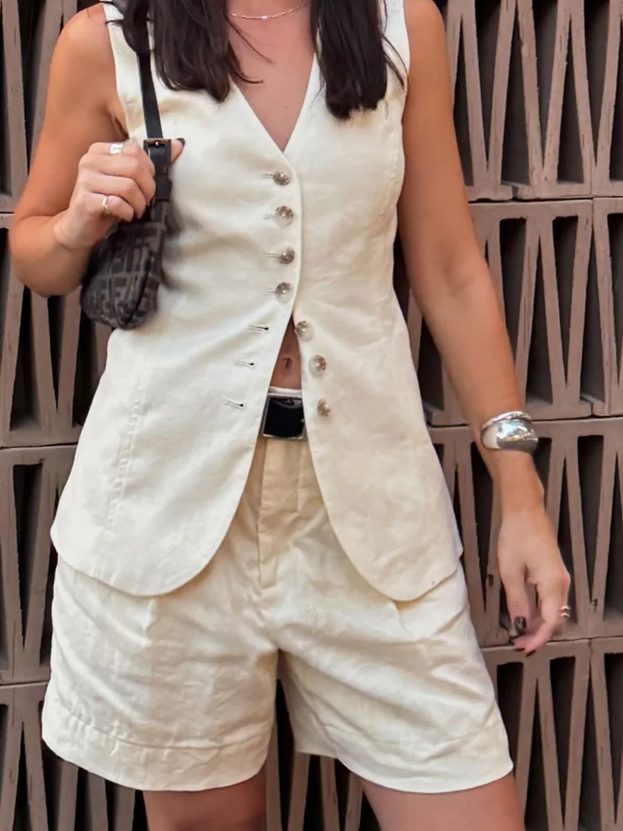 

Cotton Linen Women Pajama Set Sleeveless Summer Buttons Ladies Sleepwear 2 Pcs with Shorts Solid V Neck Pyjama for Female