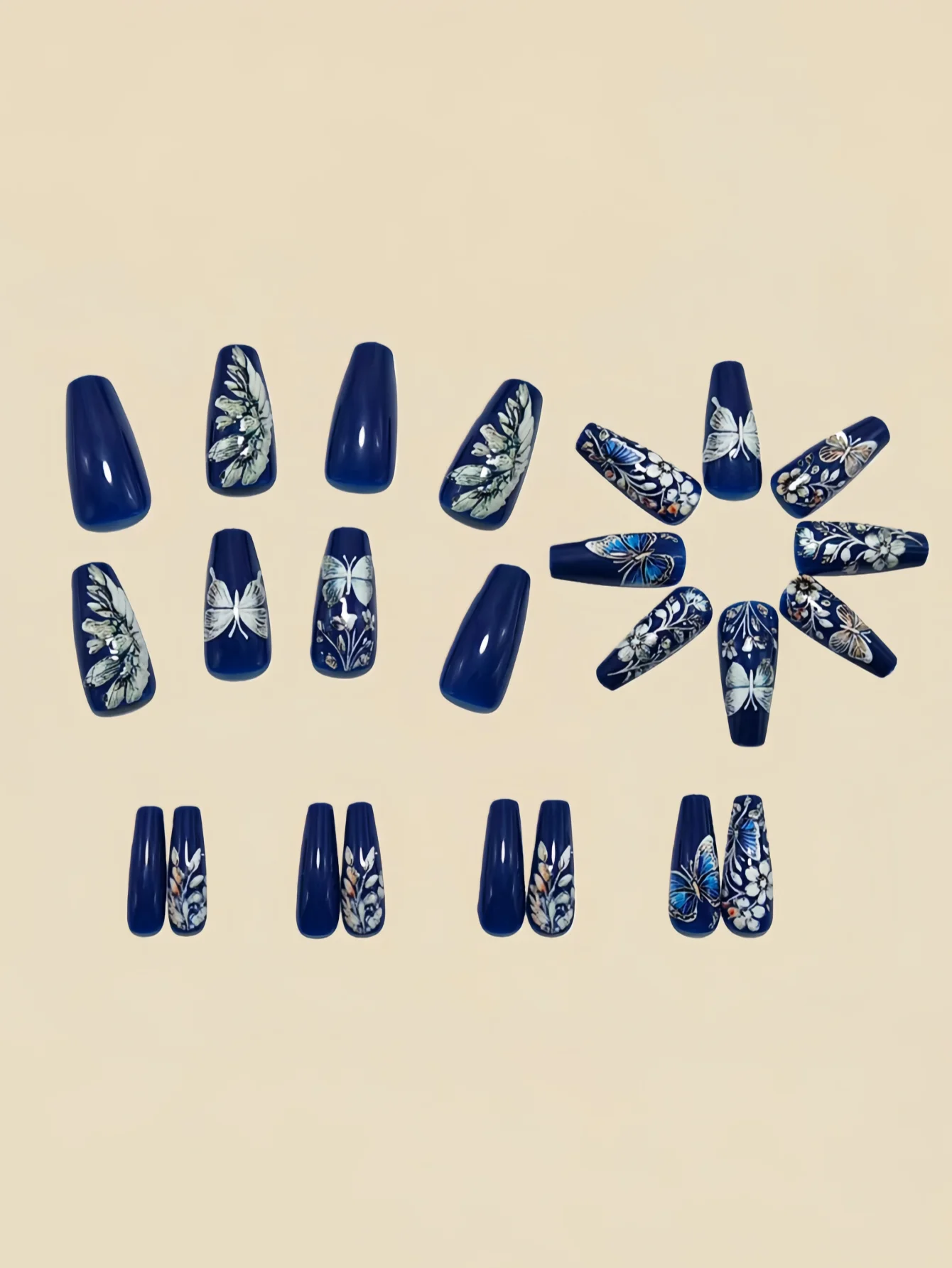 24 pezzi di farfalla tridimensionale in rilievo, fiore, stella, luna, motivo a foglie. Unghie finte lunghe a forma di balletto per nail art.