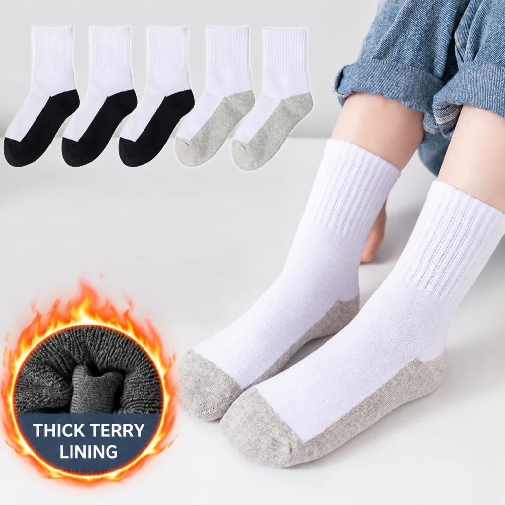 3 / 6 Pairs 100% Cotton Kids Thicken Socks Boys Girls Solid Velvet Thermal Comfort Socks Autumn Winter Baby Warm Mid Stocking