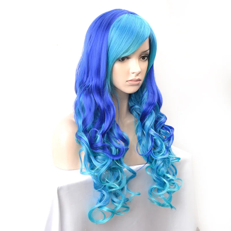 70cm Long Mixed Blue Curly hair Wig with bangs For Women’s Christmas Halloween Cosplay Costume Party Wigs