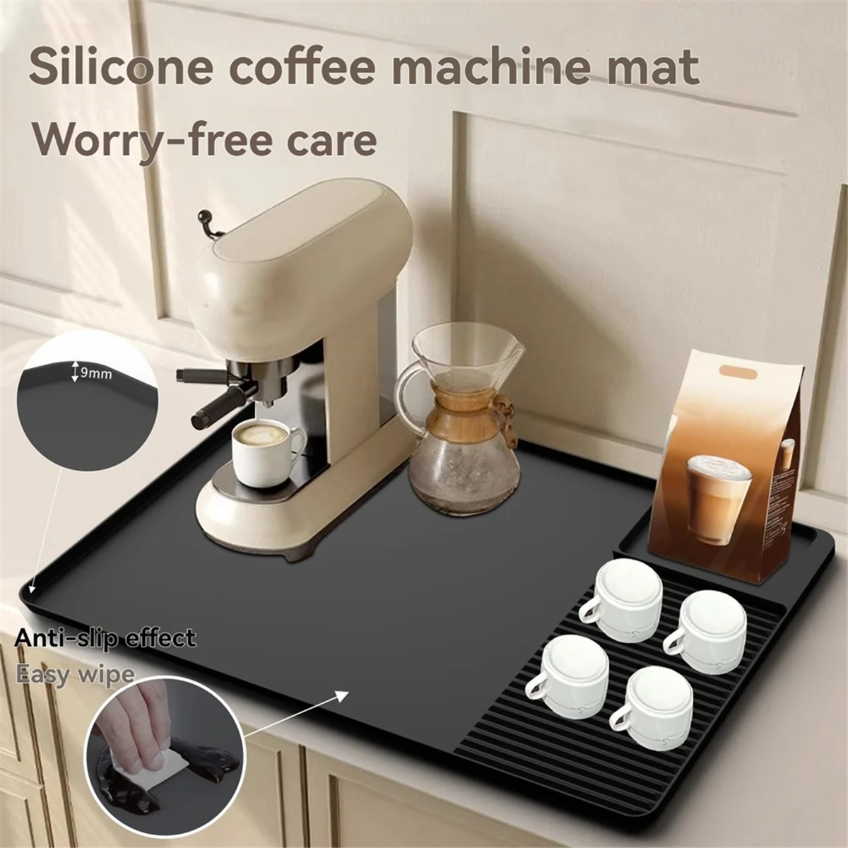 Silicone Coffee Mat 24x16In Coffee Bar Mat with Detachable Dish Drying Mat for Kitchen Countertops Coffee Accessories B-A70Z