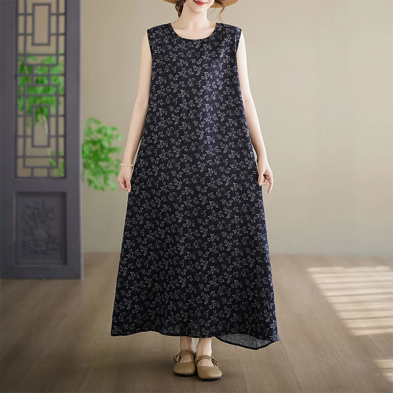 

Summer Floral Print Maxi Dress round Neck Sleeveless Large Size A-Line Cotton Gown Mommy Style Dress Ethnic Style Loose Fit