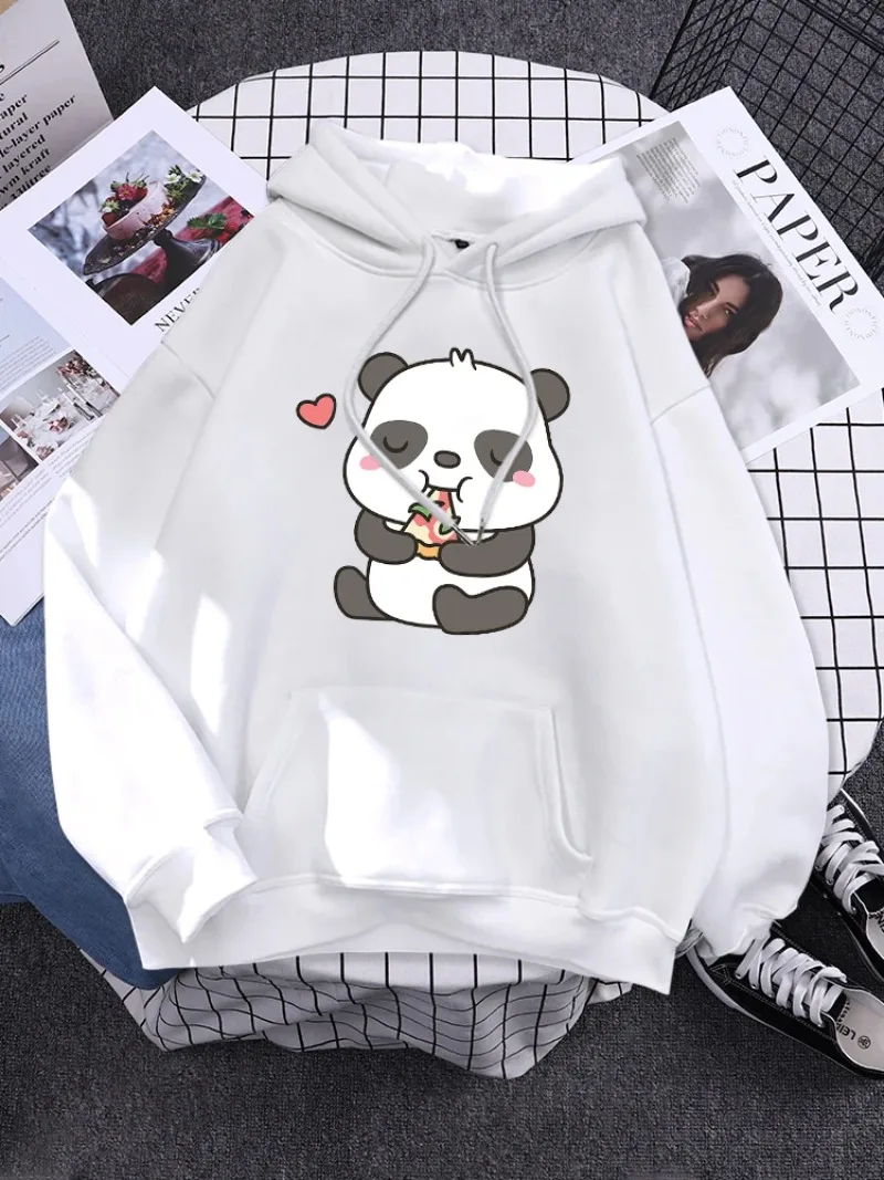 

2023 New Womans Pullover Womens Hoodie Cute Panda Eating Pizza Printed Tracksui Lady O-Neck Oversize Clothes Sport Kawaii Animal