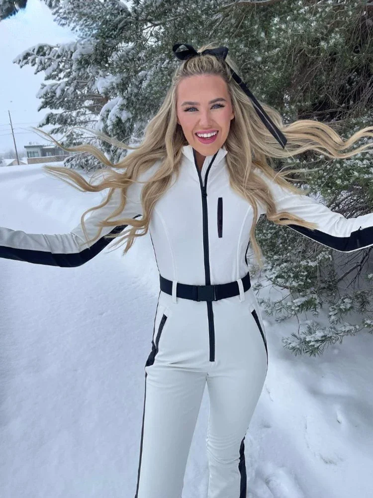 Jumpsuit Ski tambal sulam untuk wanita, Jumpsuit Skateboard elegan 2023 keseluruhan Ski tahan angin tahan air lengan panjang untuk wanita