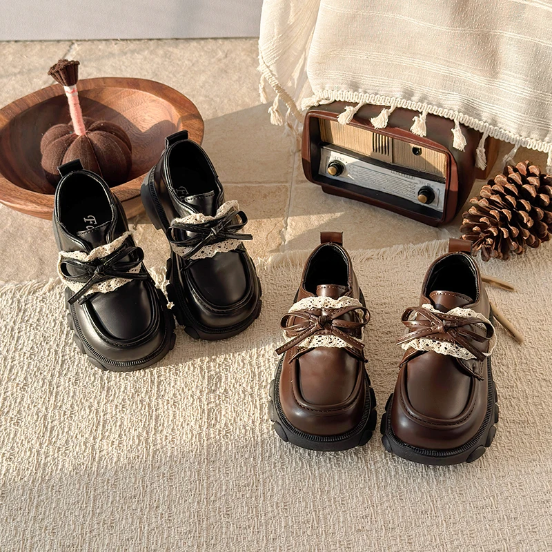 

Детские лоферы с бантом и шнурками, нескользящие, для девочек, школьная форма, элегантные кожаные туфли для праздников и свадеб, с мягкой подошвой