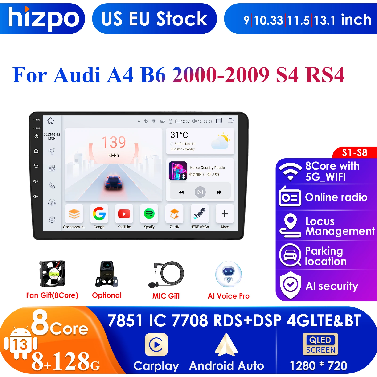 2 Din Android 13 Car Radio For For Audi A4 II 2 B6 III 3 B7 2000-2009 S4 2002-2008 RS4 2005-2009 Multimedia Video Player Carplay