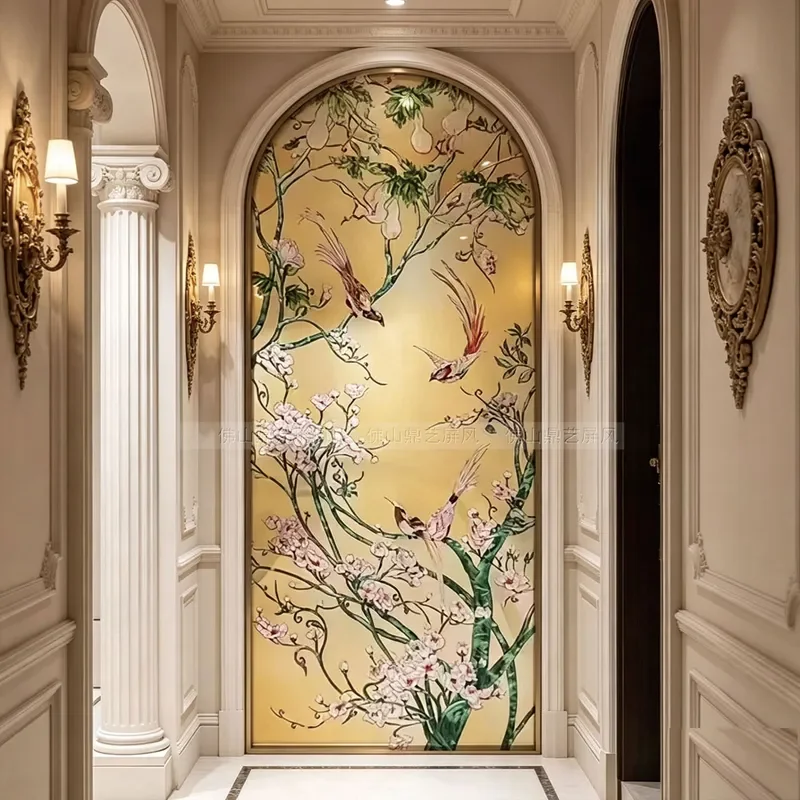 Retro Arched Metal Room Divider with Enamel Bird Floral Art Luxury Entryway Partition for Villa Hallway Aisle Decor