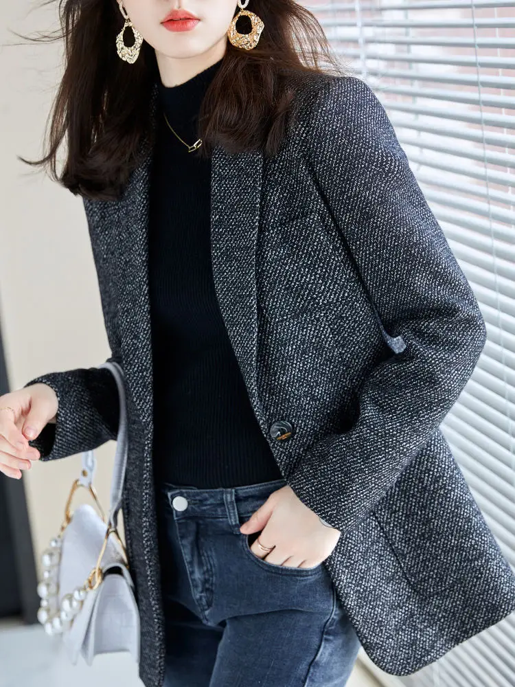 

Insozkdg High end Gray Wool Suit Jacket for Women Spring and Autumn Slim Fit Commuter Office Lady Simple Blazers Women Clothing