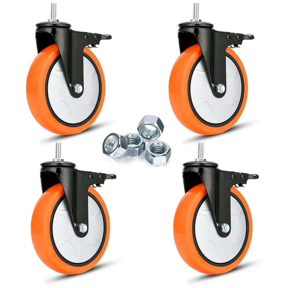 

6 колесных опорных роликов с резьбовым штоком M10-1.5x25 мм, двойной фиксацией, грузоподъемностью 2200 фунтов, бесшумные поворотные ролики с тормозами