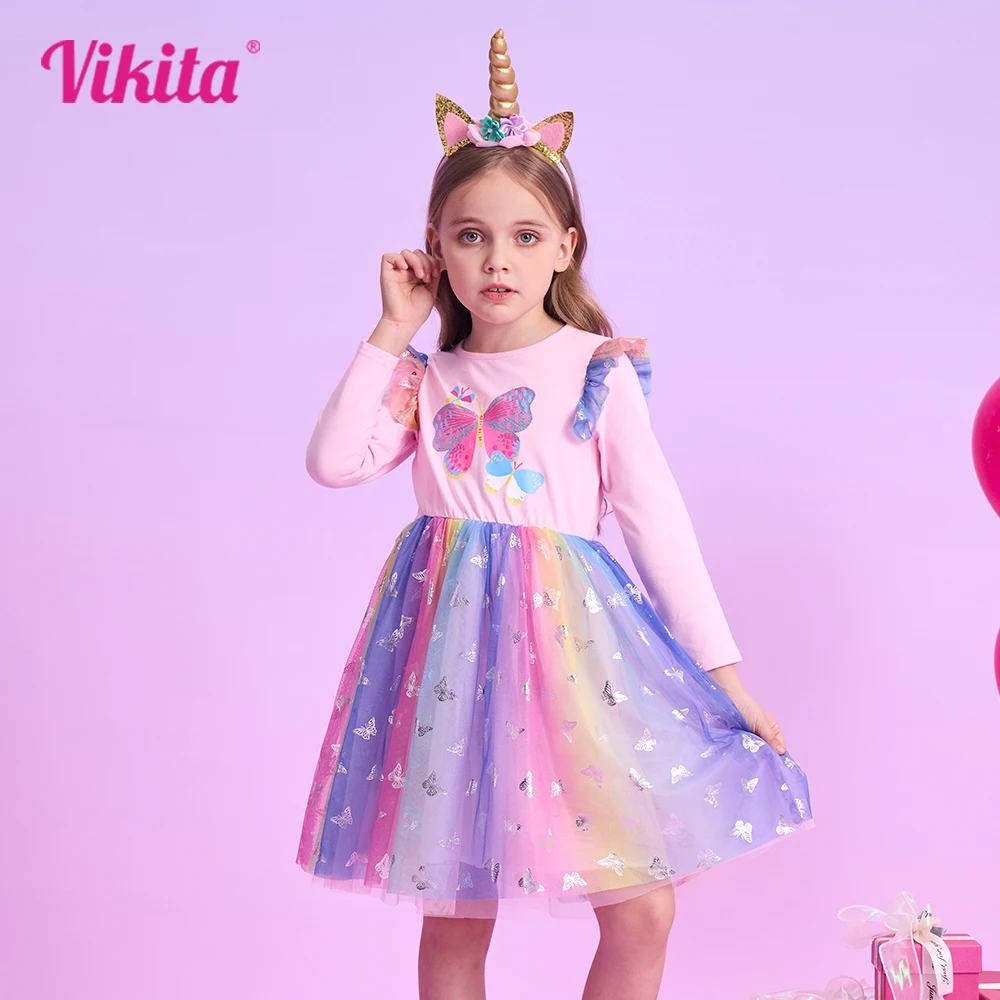 VIKITA Girls Colorful Multicolor Butterfly Print Dress Kids Long Sleeve Autumn Winter Spring Pink Princess Party Casual Dresses