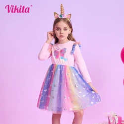 VIKITA Girls Colorful Multicolor Butterfly Print Dress Kids Long Sleeve Autumn Winter Spring Pink Princess Party Casual Dresses