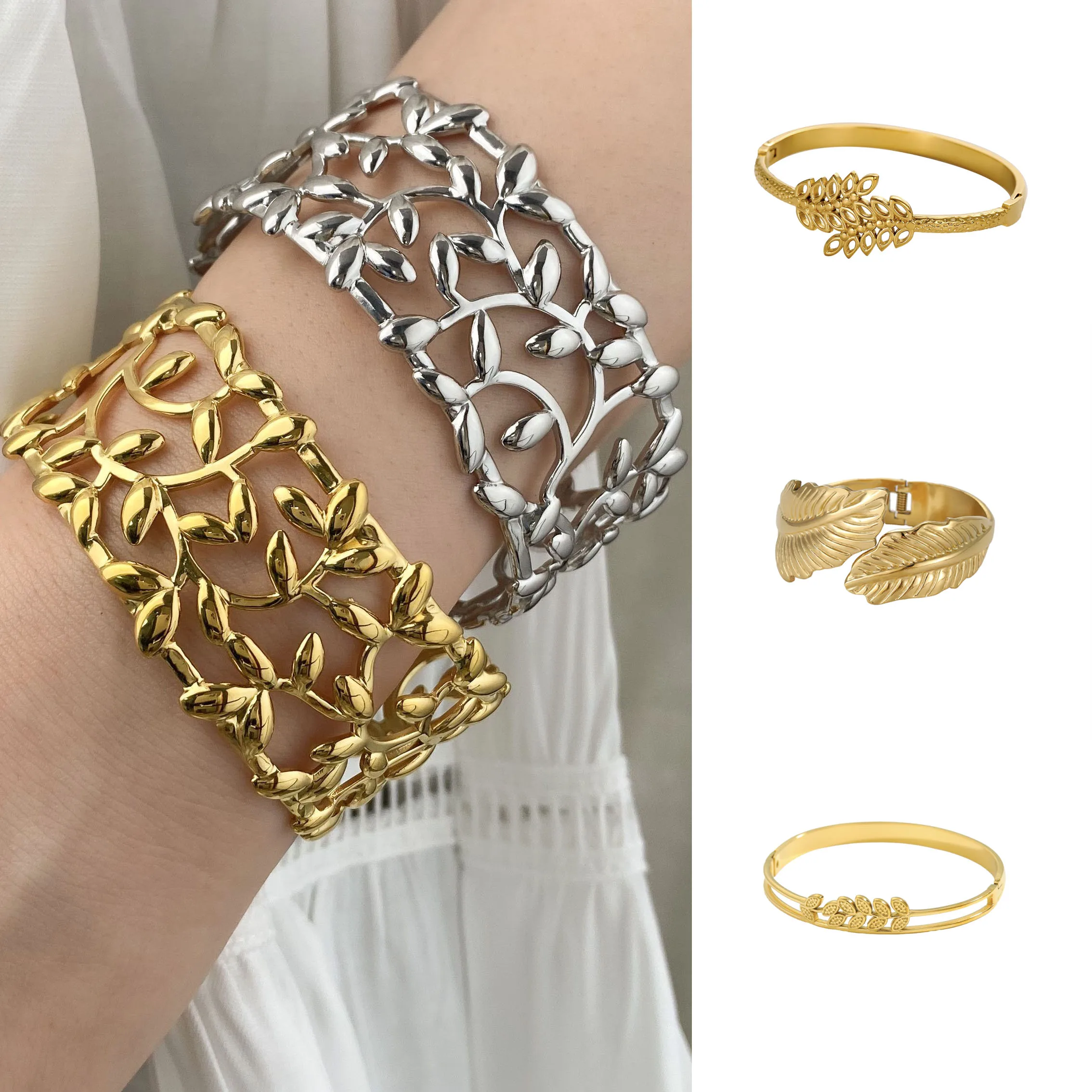 

Chunky Gold Color Charm Leaf Wide Stainless Steel Open Cuff Bangles Bracelets for Women Men New Design Wrist Waterproof Jewelry