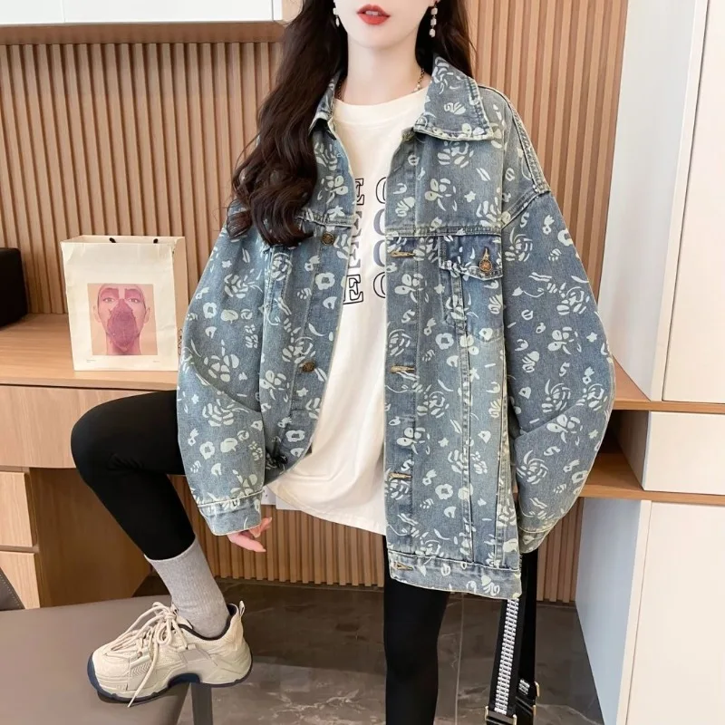 

Korean VintageStyle Blue Floral Denim Jacket for Women Loose Fit Oversized Spring Autumn Casual Outerwear