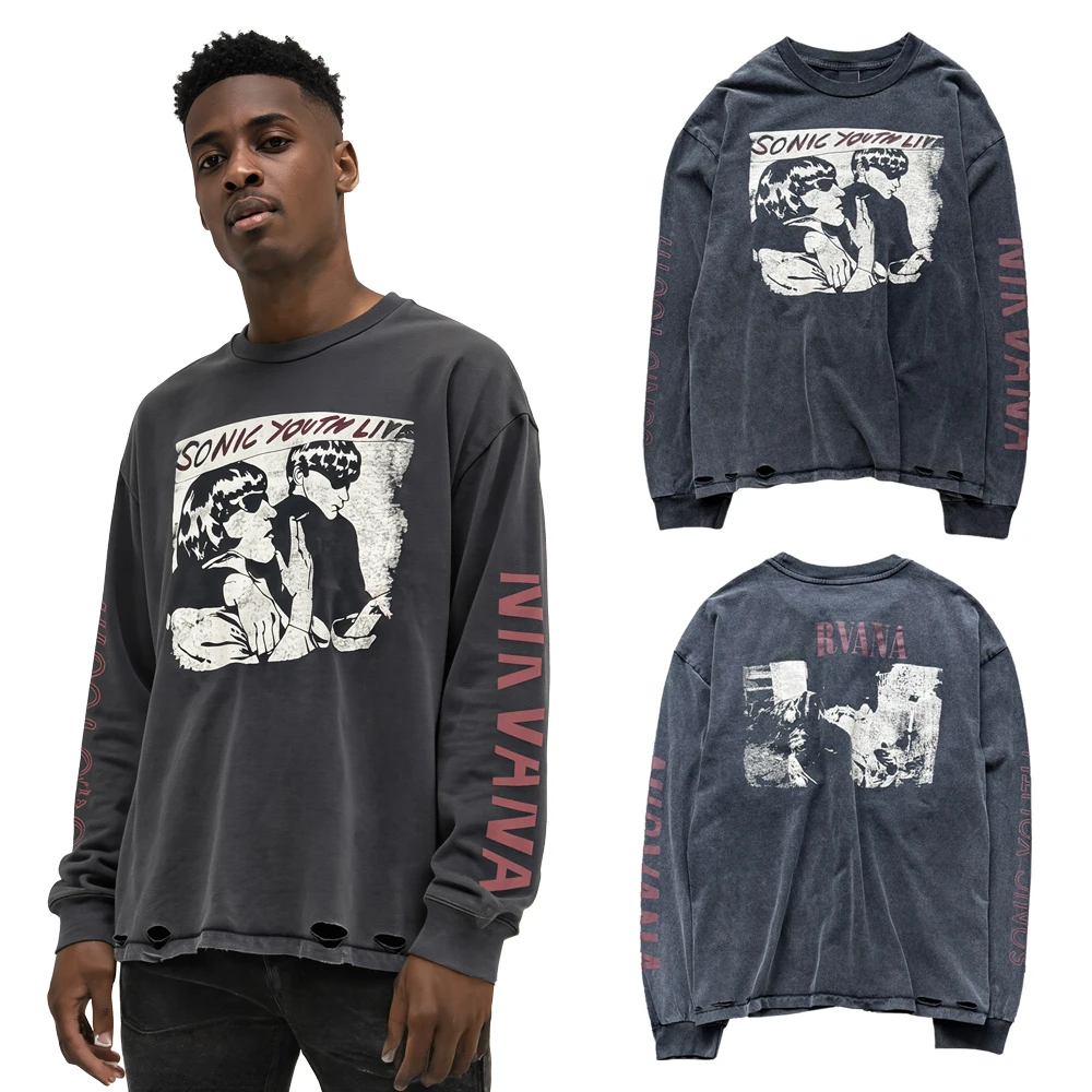 Y2k Streetwear Retro Rock Revival Graphic T Shirts Hiphop Street Style Cotton Distressed Ripped Casual Clothing Full Sleeve Tees