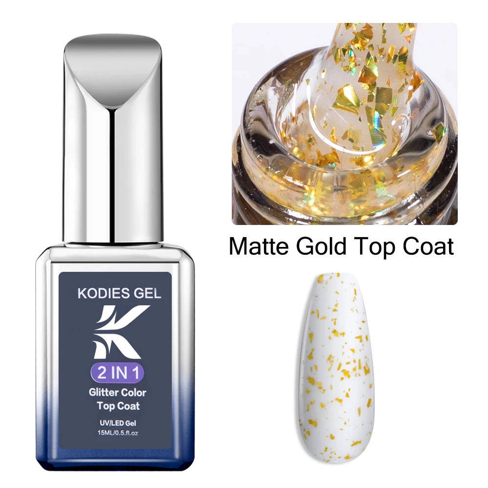 KODIES GEL Matte Top Coat Glitter Foil Flake Gel Nail Polish Matte Finish 15ML Semi Permanent UV/LED Soak Off Gel Varnish Nails
