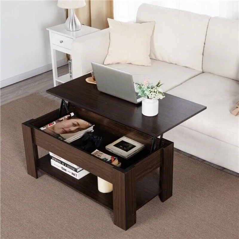 Modern Lift Top Coffee Table w/Hidden Storage & Shelf For Living Room Reception