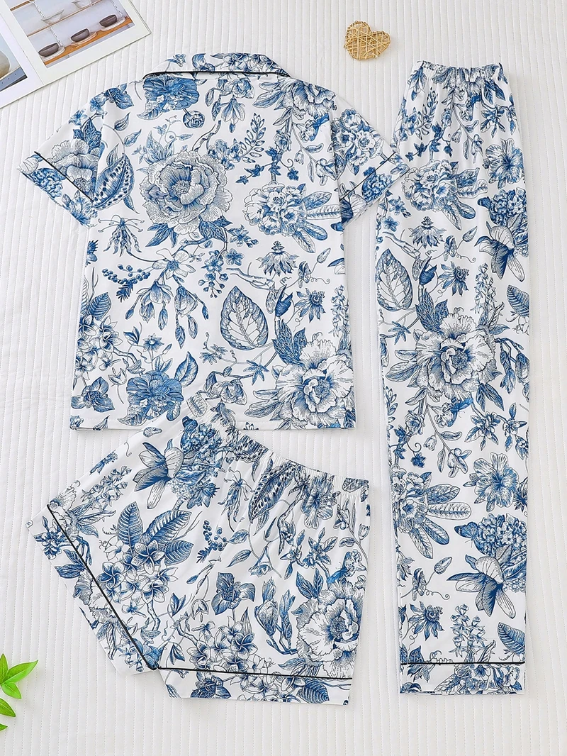 

Комплект для отдыха с цветочным принтом, атласный топ с короткими рукавами и лацканами, карманами и шортами, большие размеры, дышащая женская одежда для сна, домашняя одежда