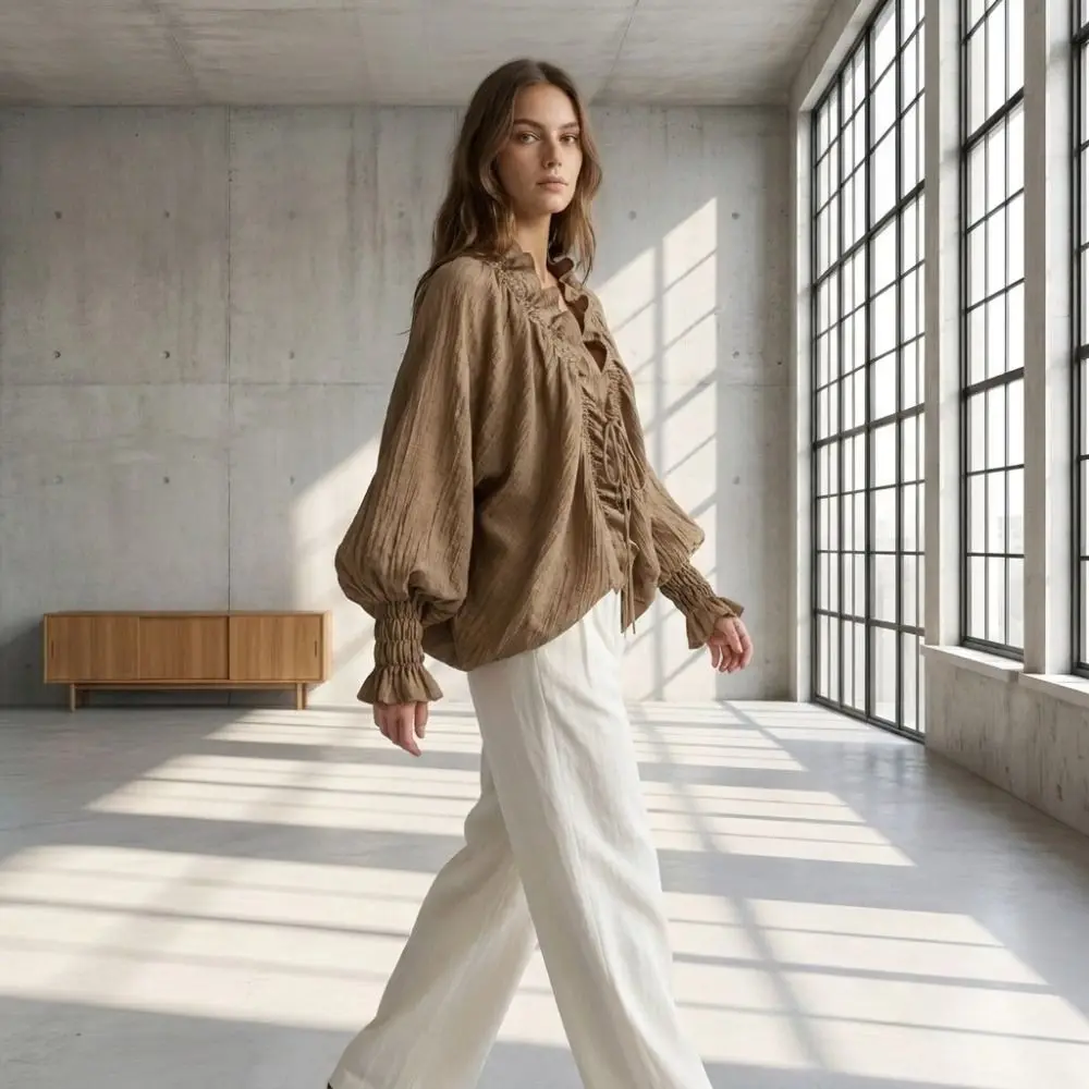 Schicke Bluse mit Rüschen und Schnürung, V-Ausschnitt, vorne mit Bindebändern, Fledermausärmel, lange Ärmel, lockerer Schnitt, Kordelzug, Laternenärmel, Chiffonbluse, für den Alltag. – Detail 8