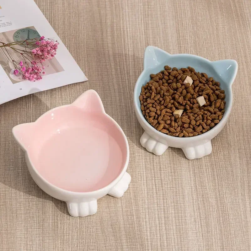 Cartoon Cat face Figurine ceramic high-foot bowl protect cervical  Drinking bowl cat food utensils pet cat bowl pet supplies