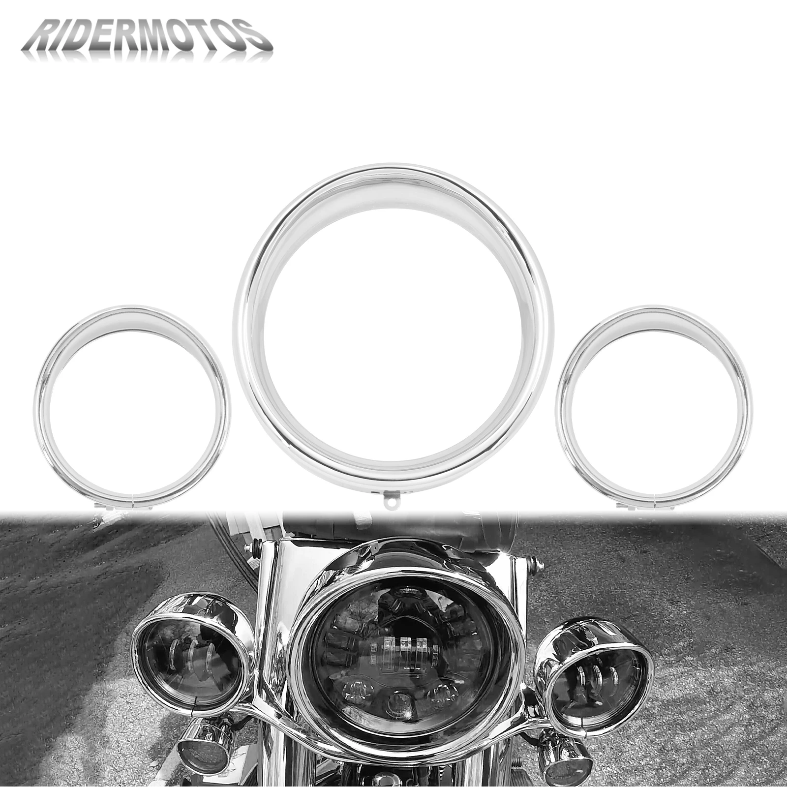 

Black/Chrome Motorcycle Black 7" Headlight Trim Ring + 4.5" Fog Lights Rings Bezel Cover Visor For Harley Softail FLSTF 1994-17