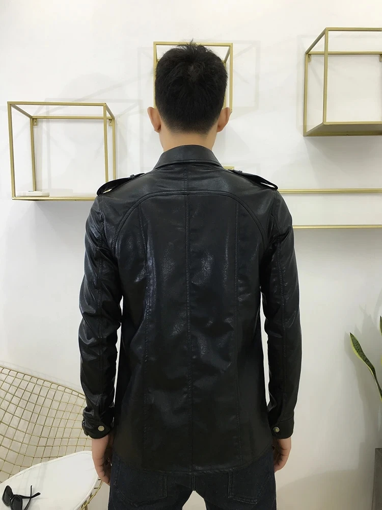 S-6XL 2024 New Men's Clothing Hair Stylist GD High Quality PU Fashion Pocket Personality Leather Shirt Slim Plus Size Costumes