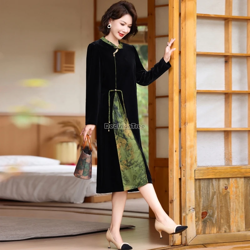 

2025 new chinese retro style improved splicing design tang suit long dress long sleeve loose elegant style women cheongsam dress