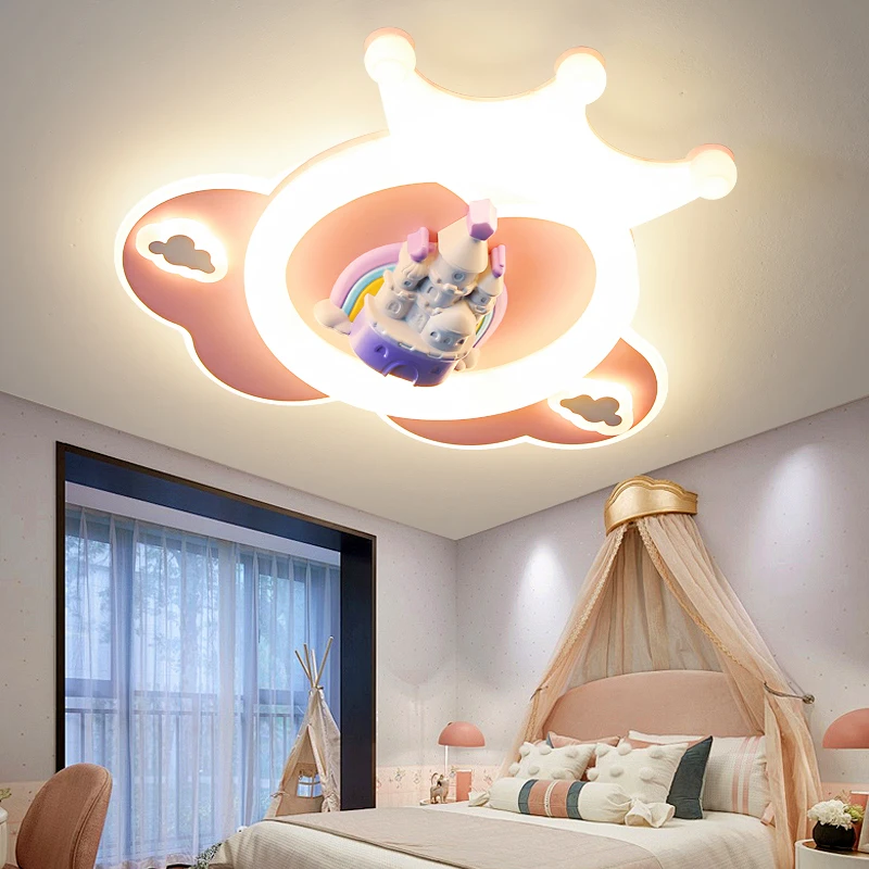 Pink Princess Room Chandelier Light Crown Design Blue Pink Castle Ceiling Lamp for Children's Room Girl Boy Bedroom LED Lighting