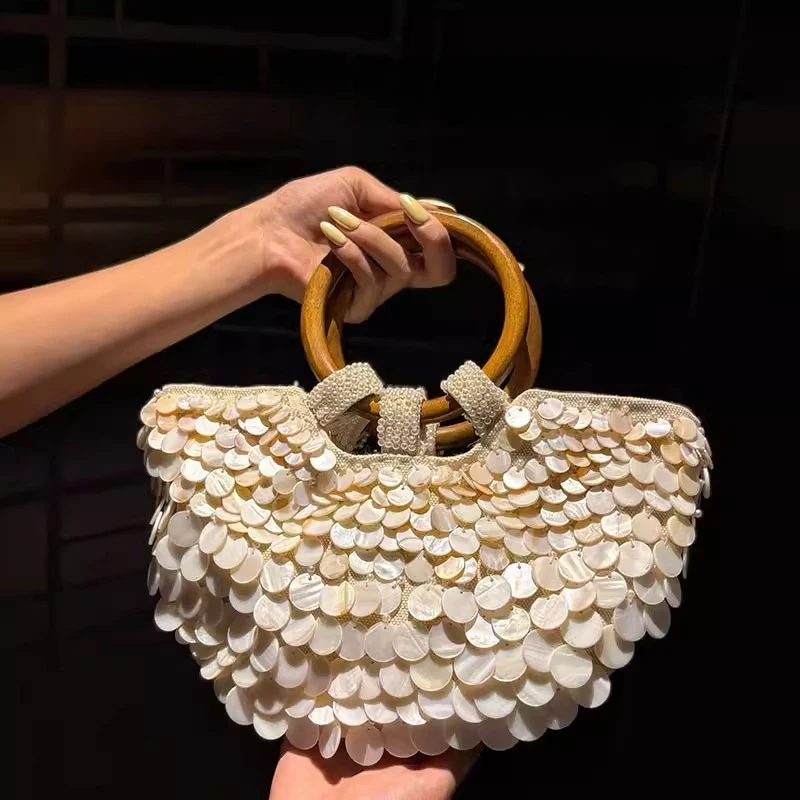 Handmade Heavy Industry Bead Handbag Embroidered Natural Shell Diagonal Totes Half Moon Crossbody Women's Wedding Part Bags New