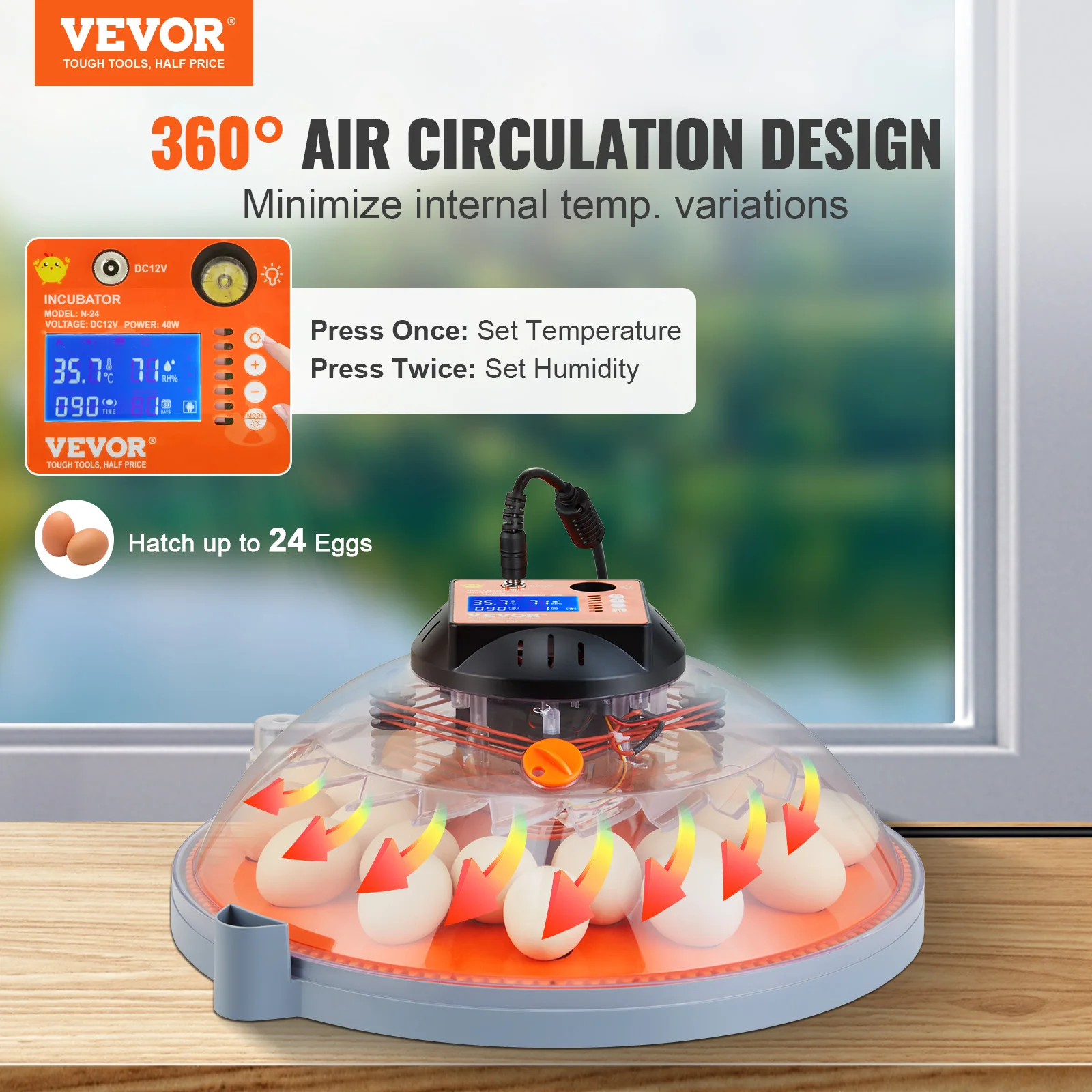 VEVOR 12/24/48 Egg Incubator Automatic Turner Poultry Hatcher with Temperature Humidity Control for Chicken Duck Hatching Eggs