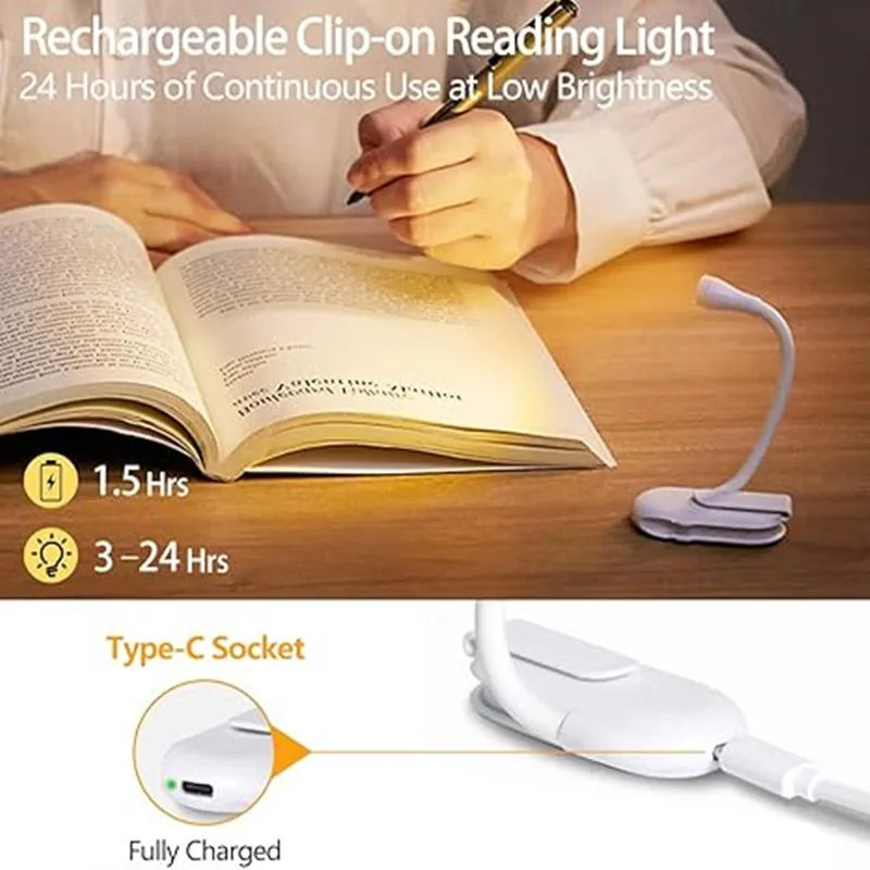 Mini LED Eye Protection Book Night Light, Clipe Ajustável, Flip 360 °, Lâmpada de Estudo, Recarregável, 3 Cores, Viagens, Quarto, Leitura