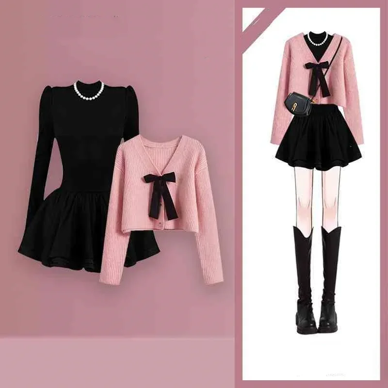 Women Graceful Pink Short Sweater Mini Black Ball Gown Two Piece Set Spring Autumn Women New Knit Pullover Tops Dress Outfits