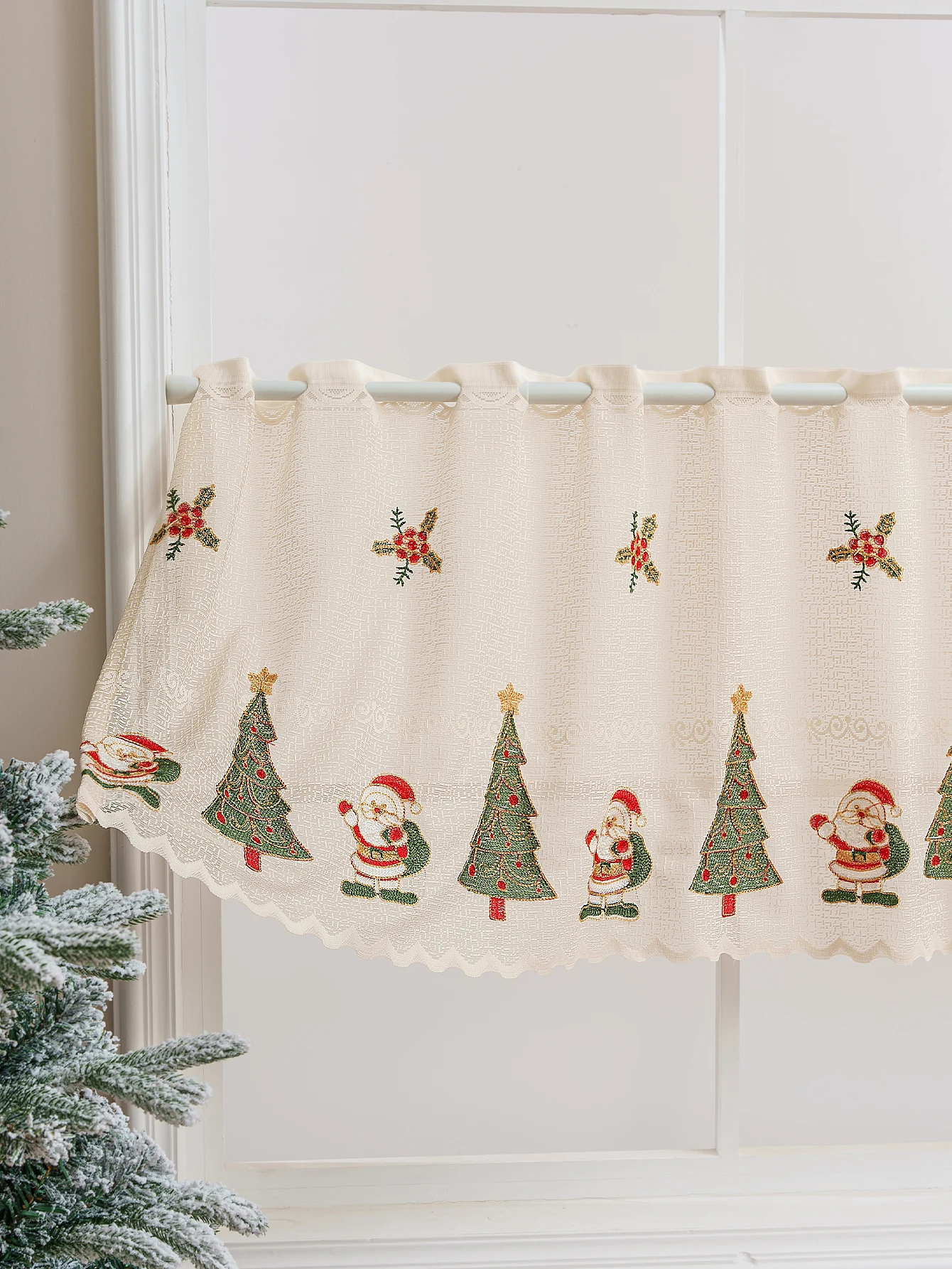 American Christmas Lace Embroidery Short Curtains No Punching Festive Atmosphere Partition Blocking Curtain
