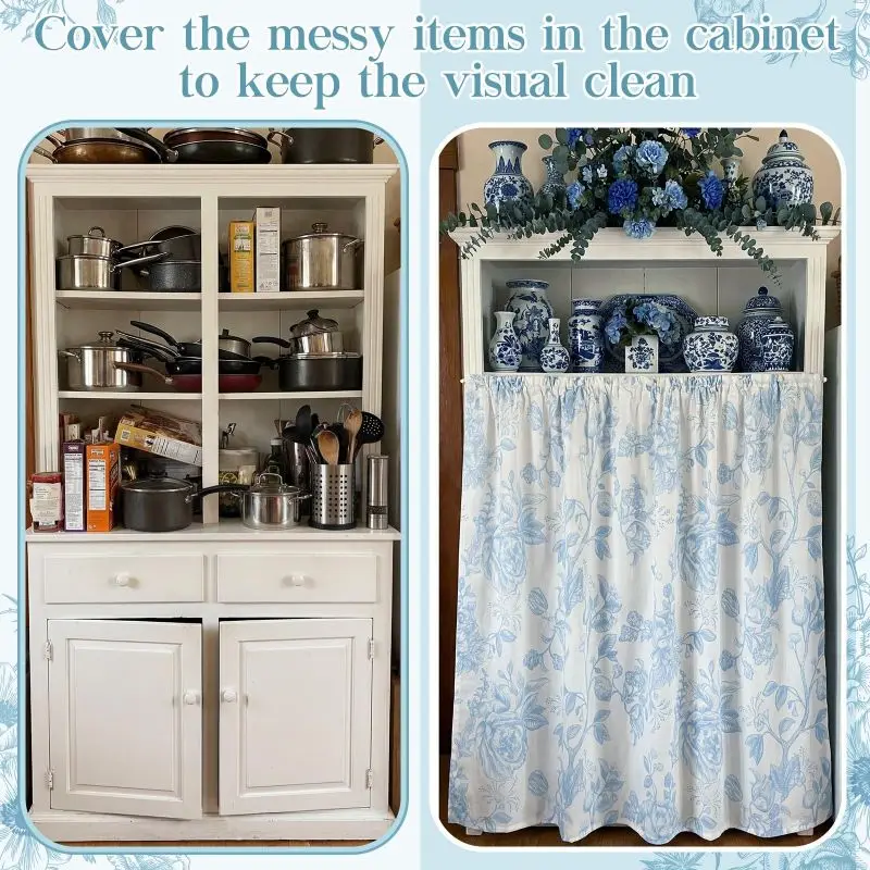 VIKAMA Blue Floral Rose Rod Pocket Under Sink Skirt Cabinet Curtain Farmhouse Kitchen Sink Decor Cover - view 3