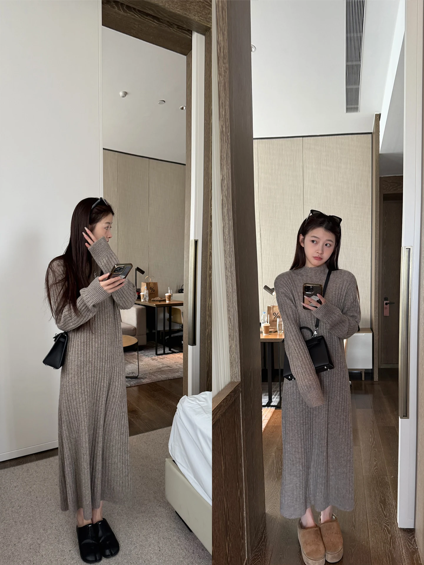 

Here Yaya Shop Cow Wool Blend Casual Dress Lightweight Warm Sweater Dress Straight Cut Silhouette Long Sleeve Loose Fit Neckline