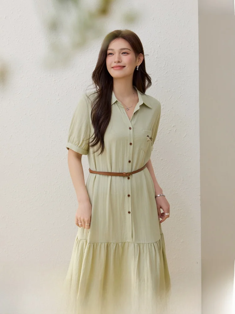 

Slimming Effect Plaid Shirt Dress Lightweight Breathable for plus Size Women Summer New Arrival A-Line Skirt Short Sleeve