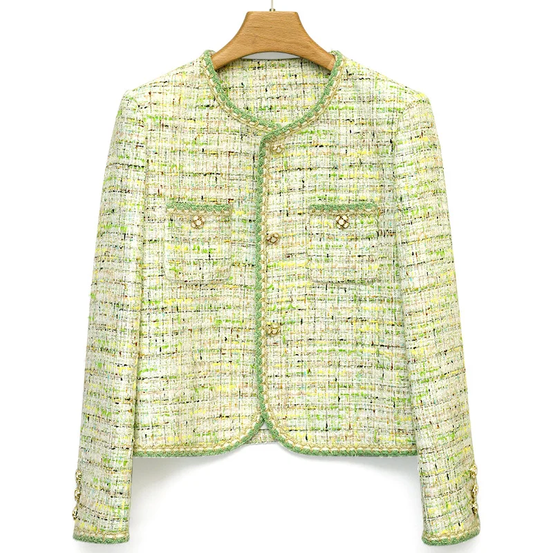 

Green O Neck Small Fragrance Short Coat Women's Long Sleeve Fashion Fresh Sweet Chic Casual High Quality Tweed Jacket Spring