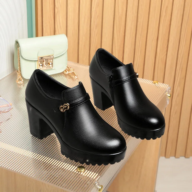 Size 34-41 Thick Heel Platform Pumps  2024 Spring Autumn High Heels Pointed Single Shoes Black For Office Model Mom Elegant